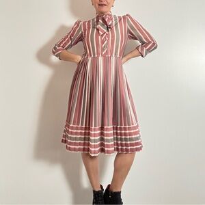 Vintage LESLIE BELLE Pink, Taupe and Cream Striped Dress - Size S
